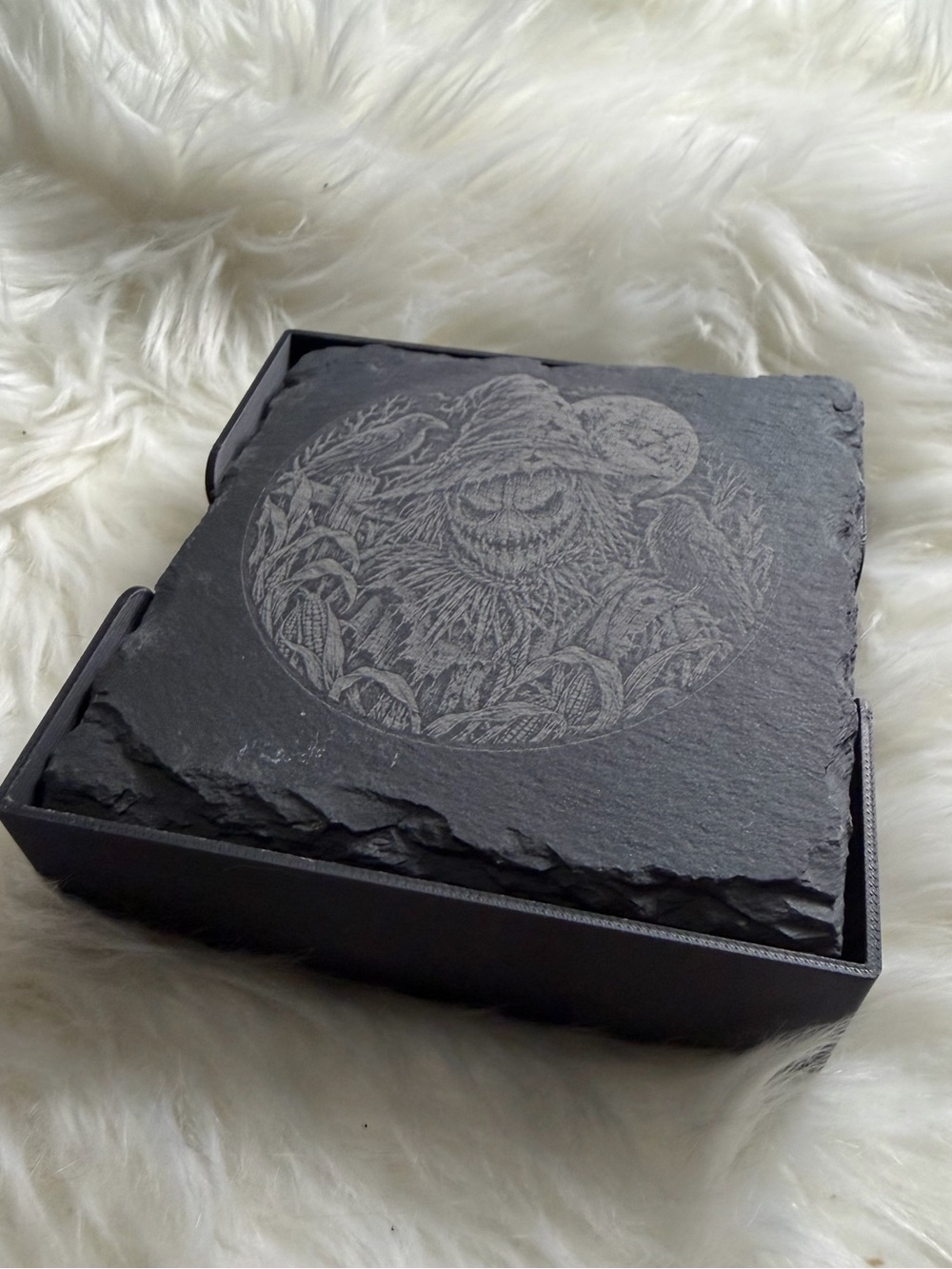 Hand Halloween Black Slate Coaster Set of 4 with Holder